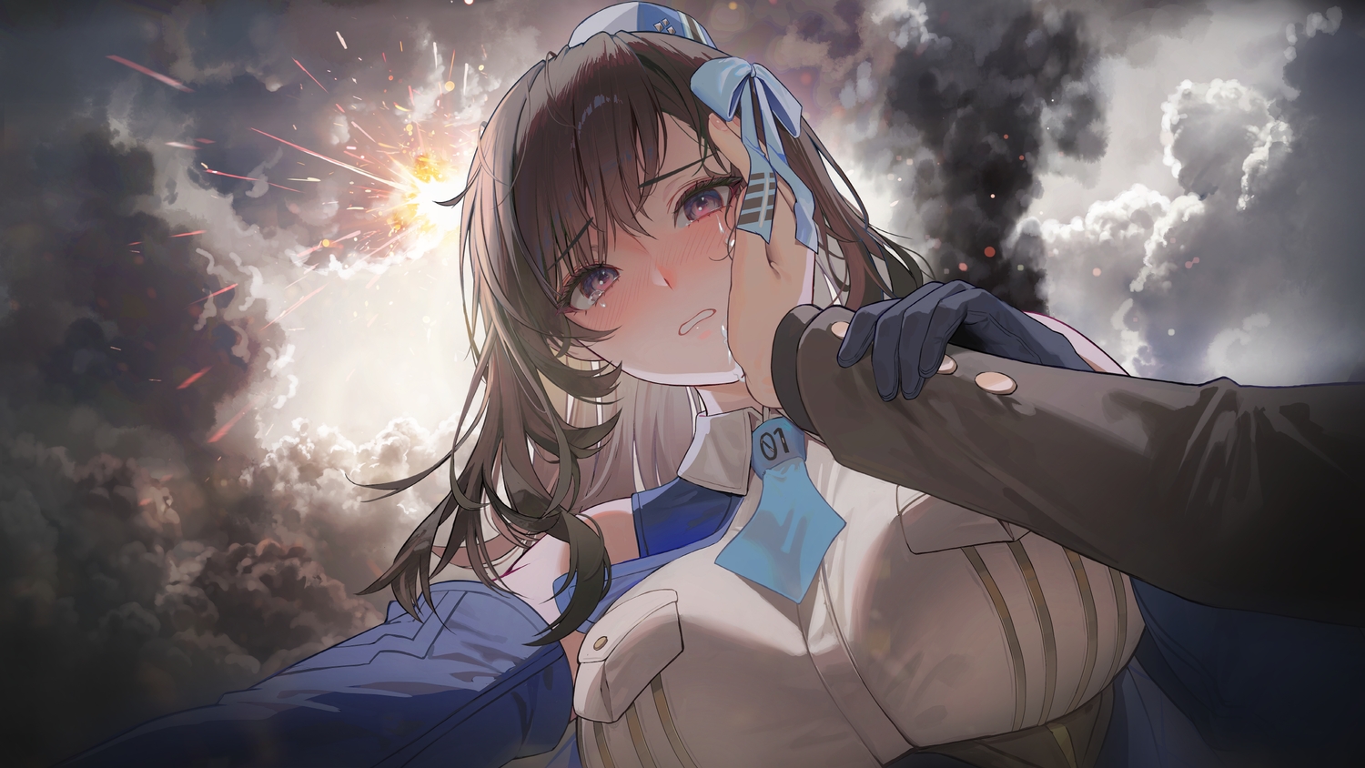 blush, bow, breasts, brown_hair, close, clouds, commander_(nikke), crying