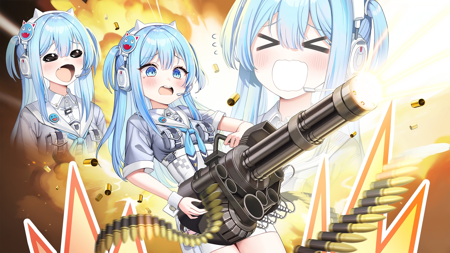 blue_eyes, blue_hair, blush, fang, fire, goddess_of_victory:_nikke, gun, headphones