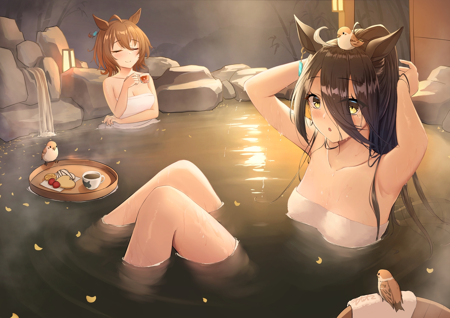 2girls, agnes_tachyon_(umamusume), animal, animal_ears, anthropomorphism, bird, black_hair, blush