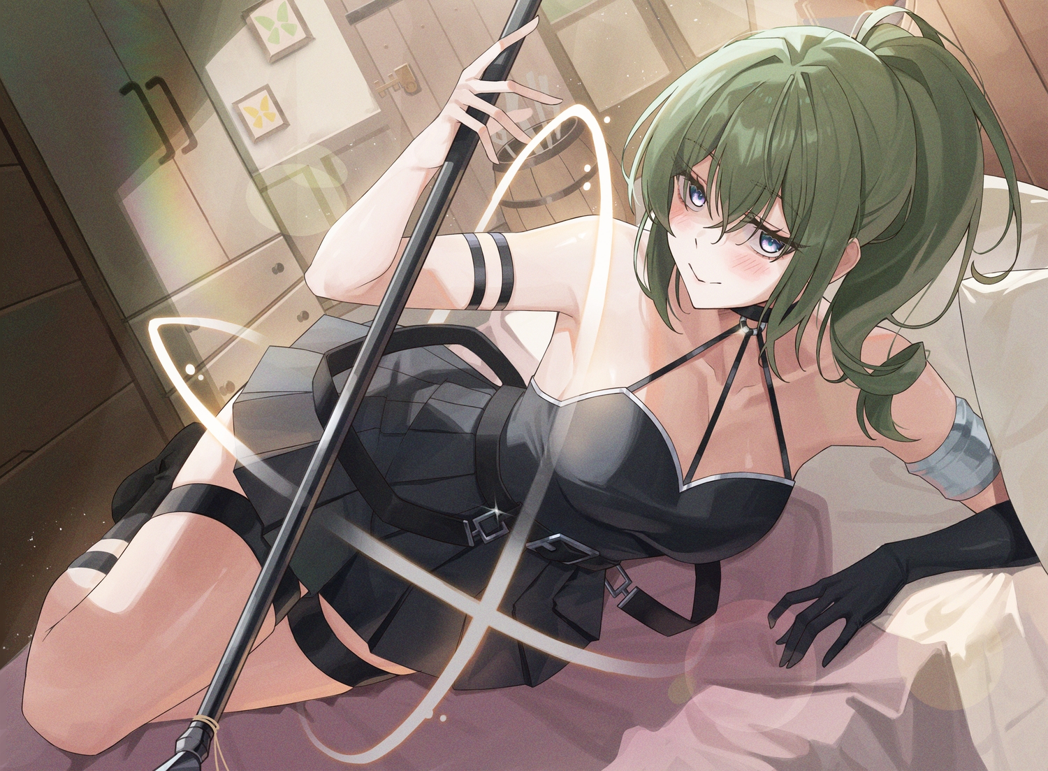 bakoko, bed, blush, boots, breasts, choker, cleavage, dress, elbow_gloves, garter, gloves, green_hair, long_hair, magic, ponytail, purple_eyes, sousou_no_frieren, ubel_(sousou_no_frieren), weapon