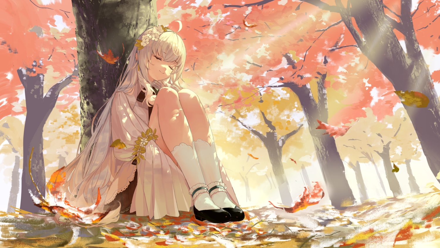 autumn, blush, bow, dress, forest, gray_hair, indie_virtual_youtuber, kneehighs, leaves, long_hair, sofieru_(vtuber), tagme_(artist), tree