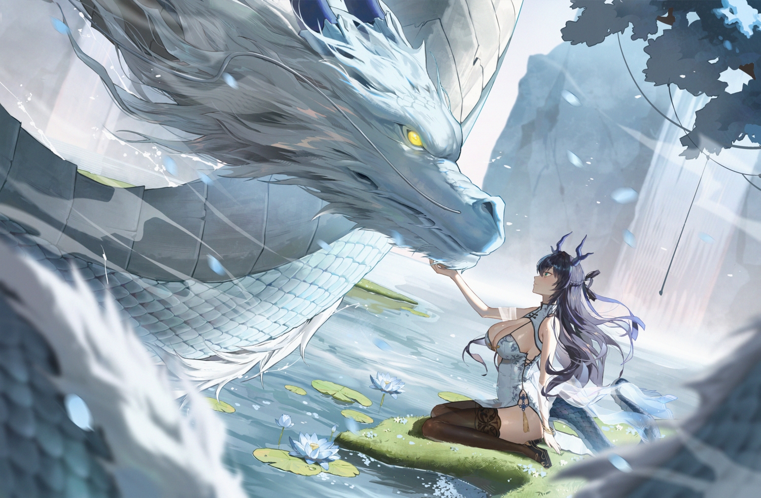 black_hair, bodiedwile, braids, breasts, chinese_clothes, chinese_dress, cleavage, dragon, dress, flowers, green_eyes, horns, leaves, long_hair, original, petals, tail, thighhighs, water, wristwear