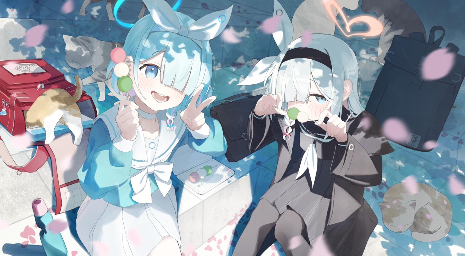 2girls, animal, anohito401, arona_(blue_archive), blue_archive, blue_eyes, blue_hair, blush