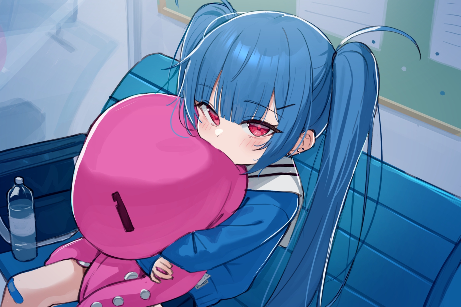 bandaid, blue_hair, blush, doll, drink, hug, kanae_(tsukiman), loli, long_hair, original, red_eyes, school_uniform, sketch, skirt, tsukiman, twintails