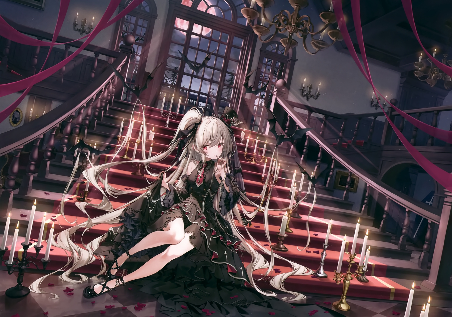 animal, bat, clouds, cross, dress, goth-loli, gray_hair, hat, kakao_rantan, lolita_fashion, long_hair, moon, necklace, night, original, petals, ponytail, red_eyes, ribbons, scan, scarum_(kakao_rantan), sky, stairs, tie, tree