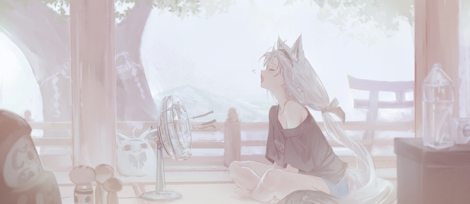 animal_ears, barefoot, bow, braids, doll, drink, fan, foxgirl