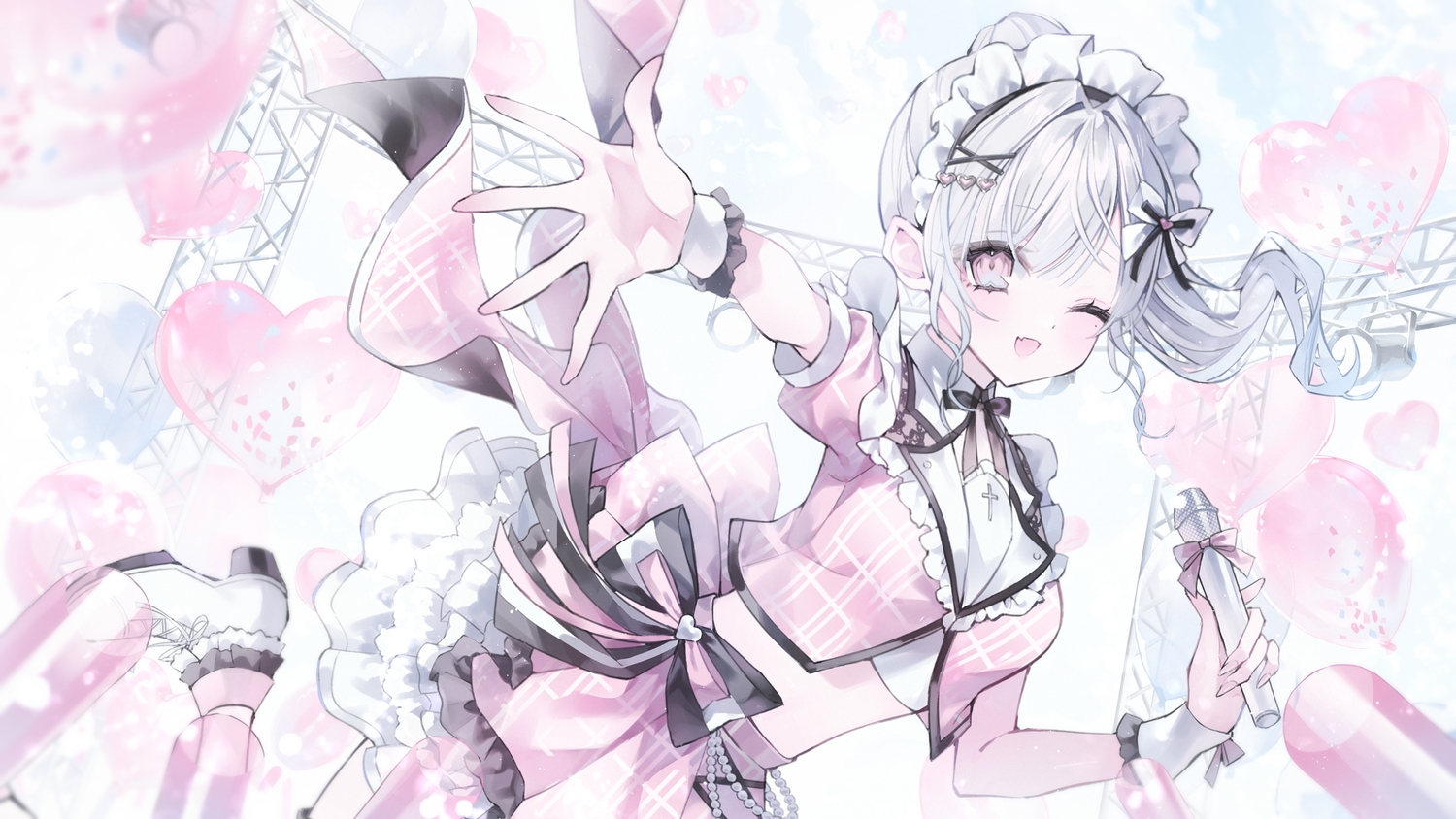 bow, clouds, fang, gray_hair, hagoromo_mayo, headdress, long_hair, microphone