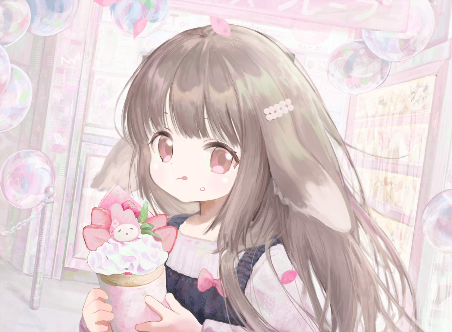 animal_ears, brown_hair, bunny_ears, bunnygirl, close, doubutsunoujyou, food, fruit