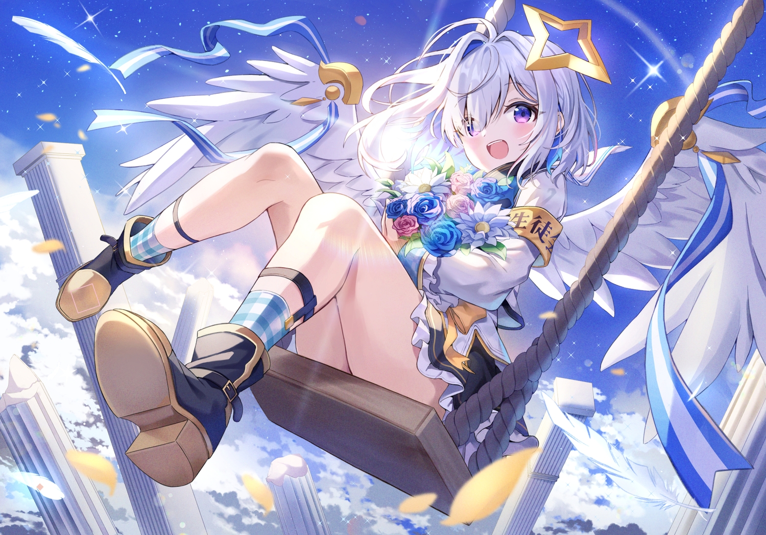 amane_kanata, angel, blush, boots, bow, clouds, feathers, flowers