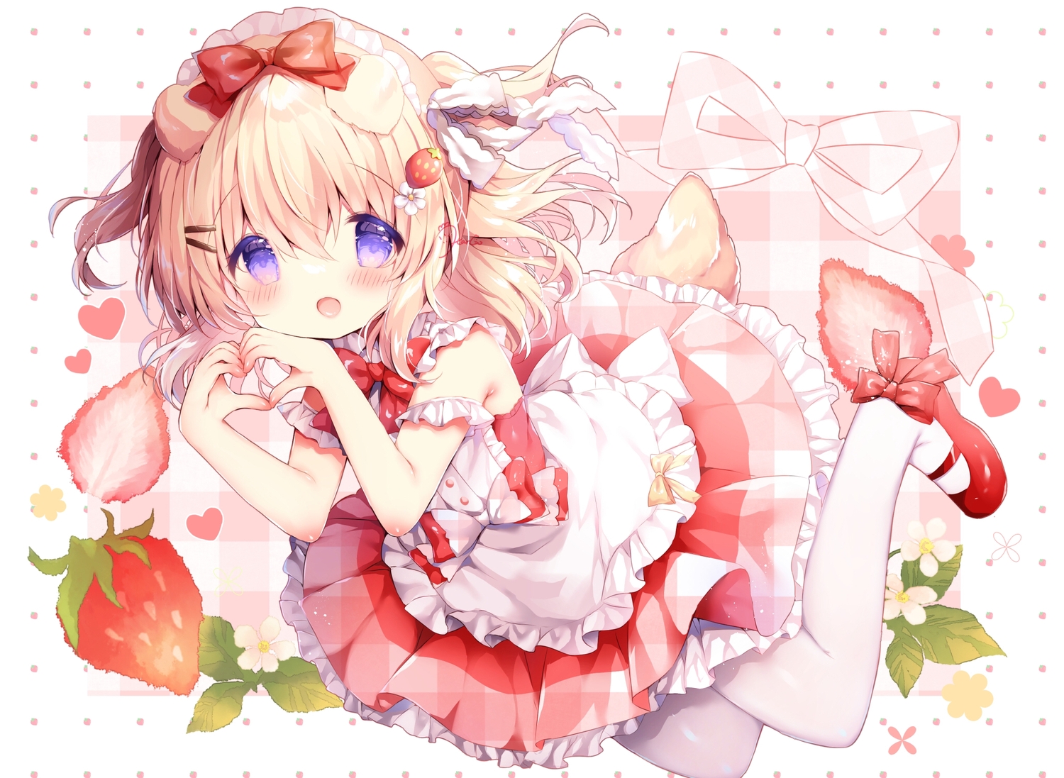 animal_ears, apron, blonde_hair, blush, bow, doggirl, dress, flowers, food, fruit, haru_ichigo, headdress, heart, leaves, loli, lolita_fashion, original, pantyhose, ponytail, purple_eyes, short_hair, strawberry, tail