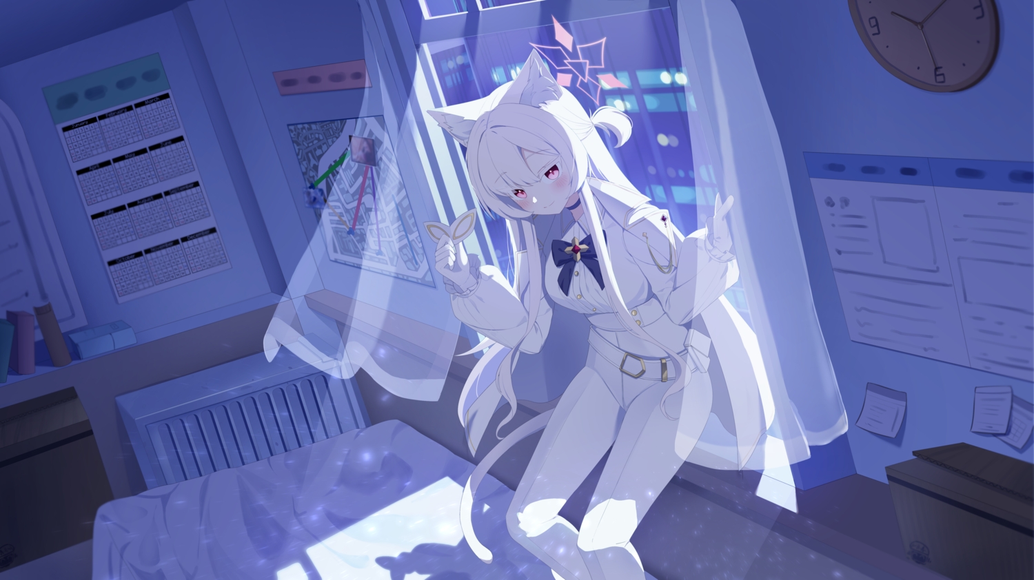 animal_ears, bed, blue_archive, blush, book, bow, building, cape, catgirl, choker, gloves, halo, kiyosumi_akira, long_hair, mask, my0li, night, paper, pink_eyes, shirt, tail, white_hair