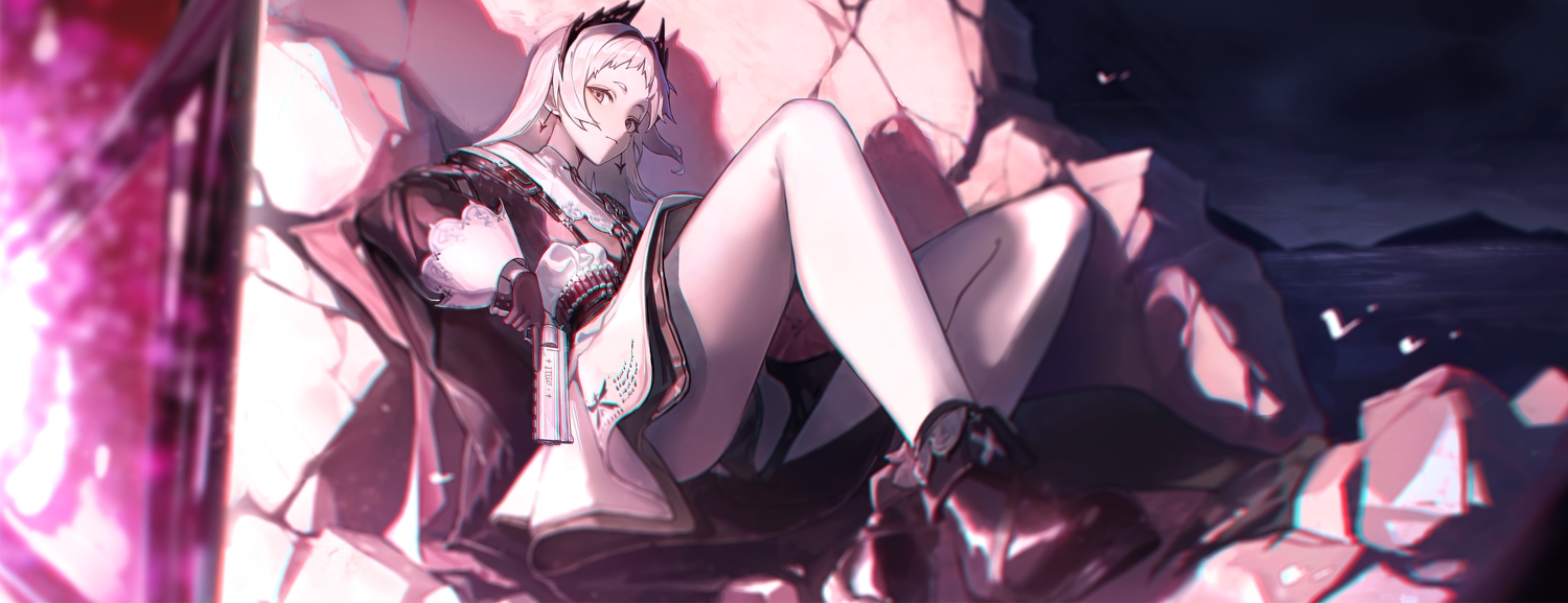 arknights, boots, clouds, dress, gloves, gray_eyes, gun, irene_(arknights)
