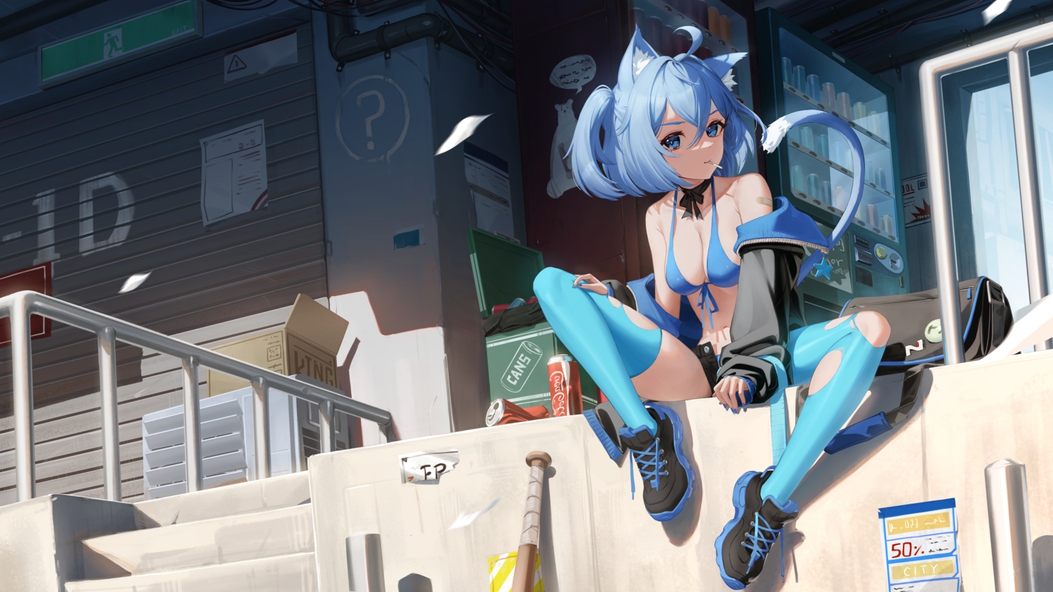 animal_ears, baseball, bikini_top, blue_eyes, blue_hair, bow, breasts, candy