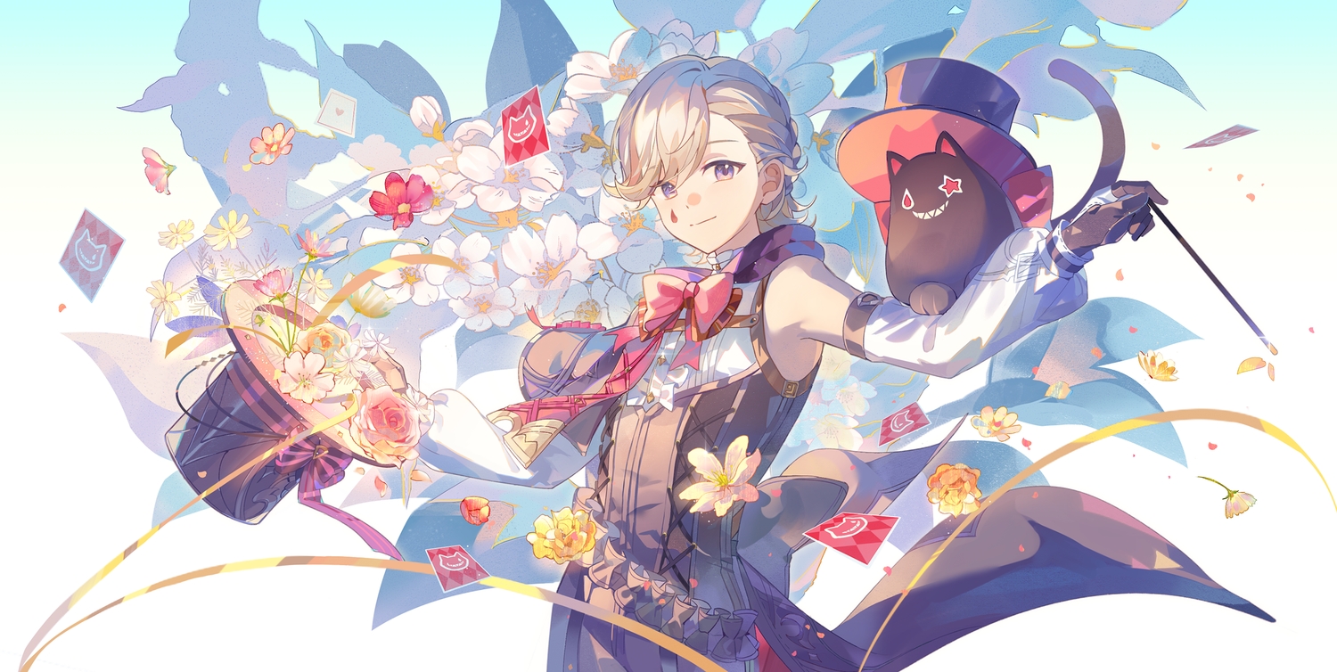 all_male, blonde_hair, bow, braids, flowers, genshin_impact, gloves, hat
