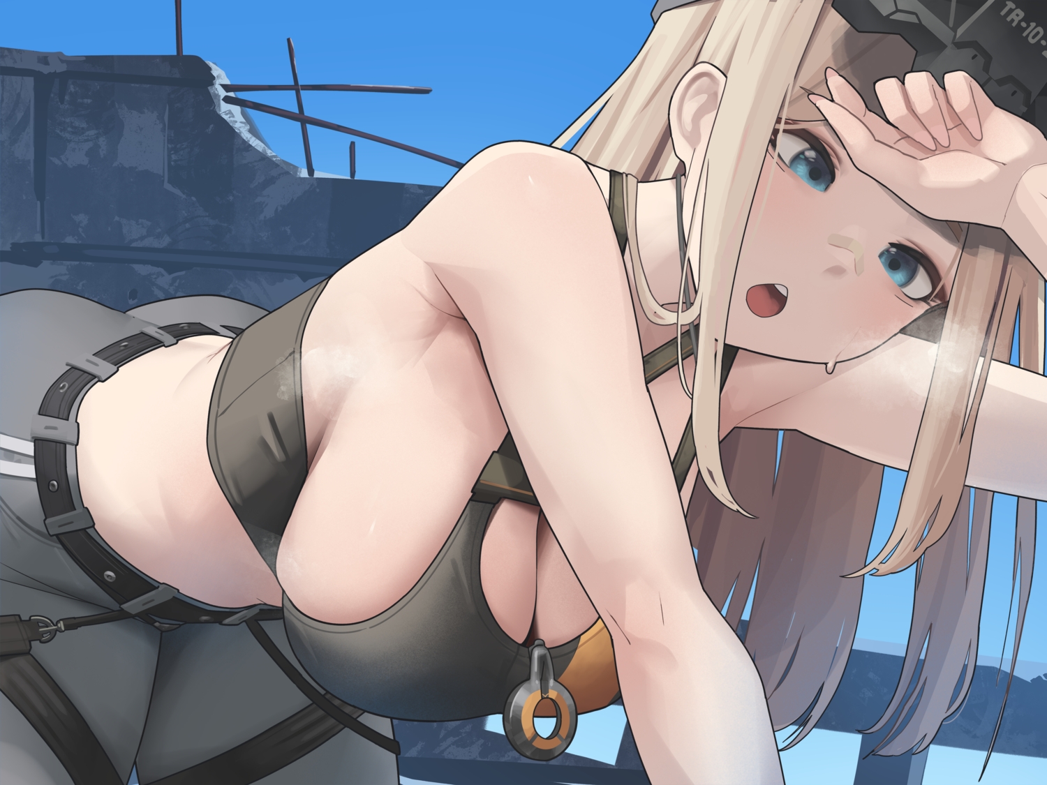 aqua_eyes, bandaid, blonde_hair, breasts, centi_(nikke), cleavage, close, garter, gloomyowl, goddess_of_victory:_nikke, long_hair, ruins, sky