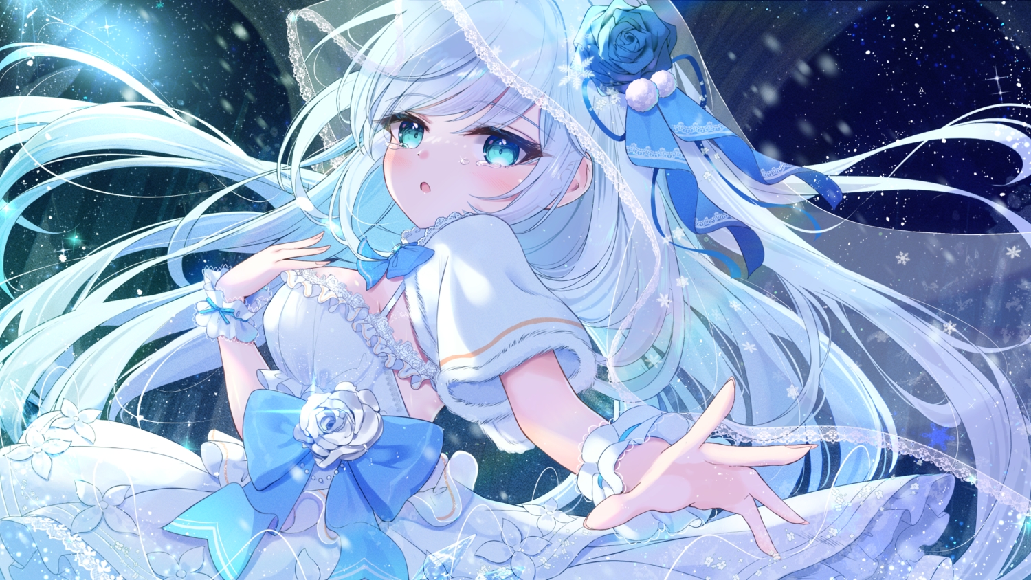 aqua_eyes, blush, bow, close, dress, flowers, gray_hair, headdress