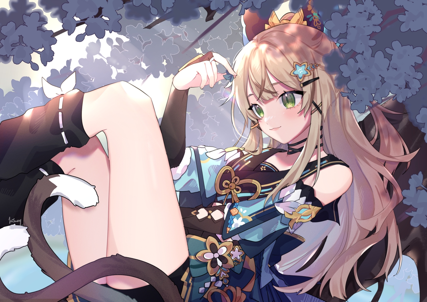animal_ears, bike_shorts, blonde_hair, catgirl, cat_smile, choker, dress, elbow_gloves, flowers, genshin_impact, gloves, green_eyes, himey, japanese_clothes, kirara_(genshin_impact), long_hair, multiple_tails, shade, shorts, signed, tail, tree