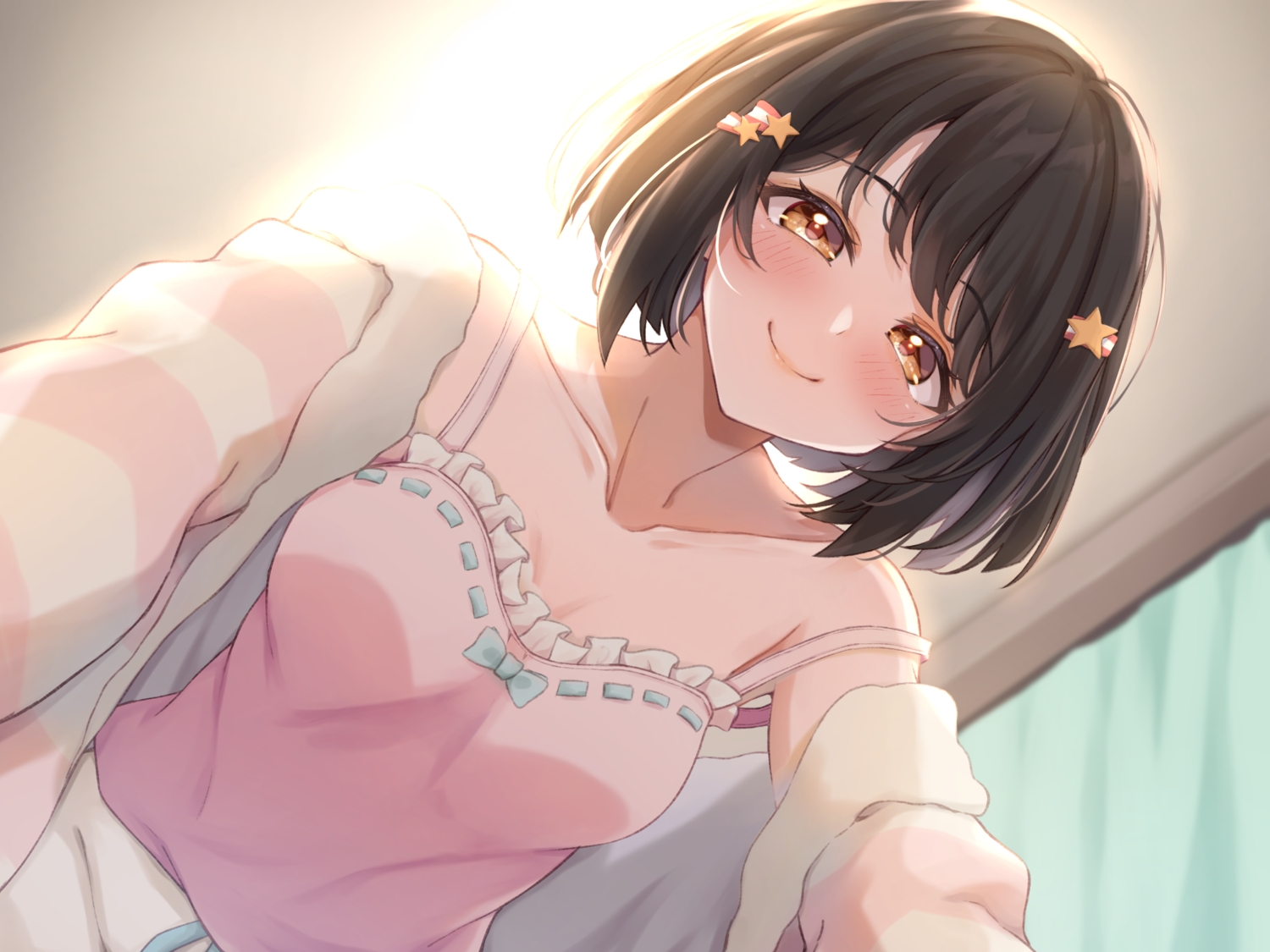 blush, brown_eyes, brown_hair, close, original, pajamas, short_hair, yusuka_yuu