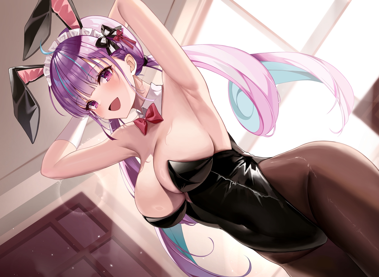 animal_ears, blush, bow, breasts, bunny_ears, bunnygirl, cleavage, elbow_gloves, gloves, headdress, hololive, jpeg_artifacts, leotard, long_hair, minato_aqua, pantyhose, purple_eyes, purple_hair, twintails, ya_ta