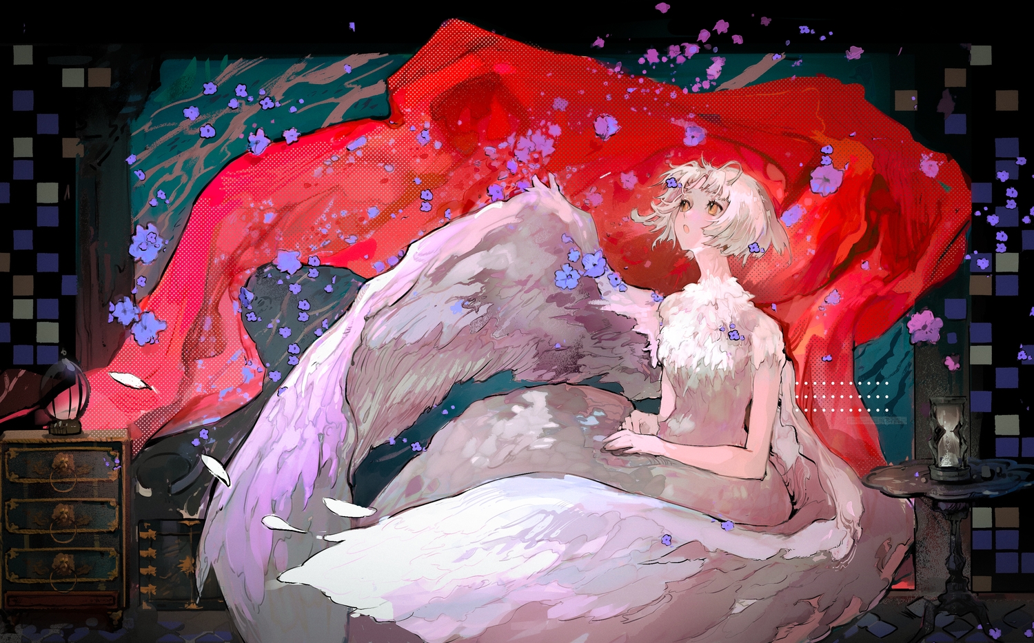 brown_eyes, dungeon_meshi, falin_touden, feathers, flowers, short_hair, sketch, ty-papapa