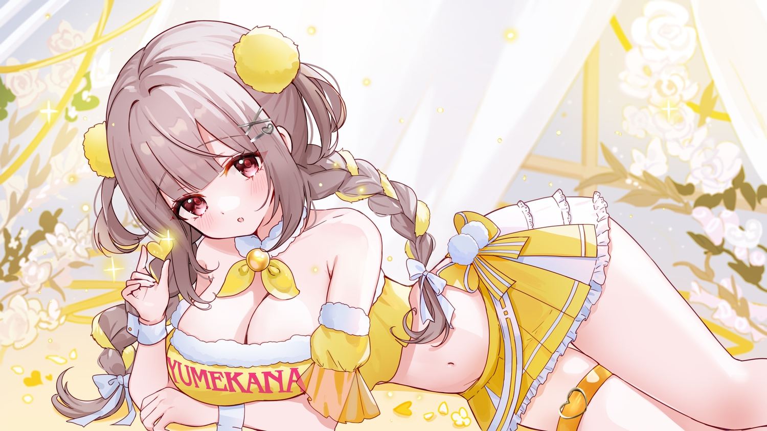ash_(cat7evy), blush, bow, braids, breast_hold, breasts, brown_hair, cleavage
