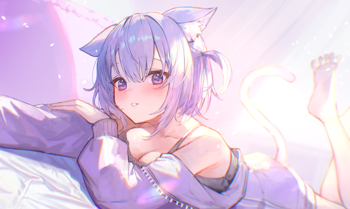 animal_ears, barefoot, bed, blush, breasts, catgirl, cleavage, hololive