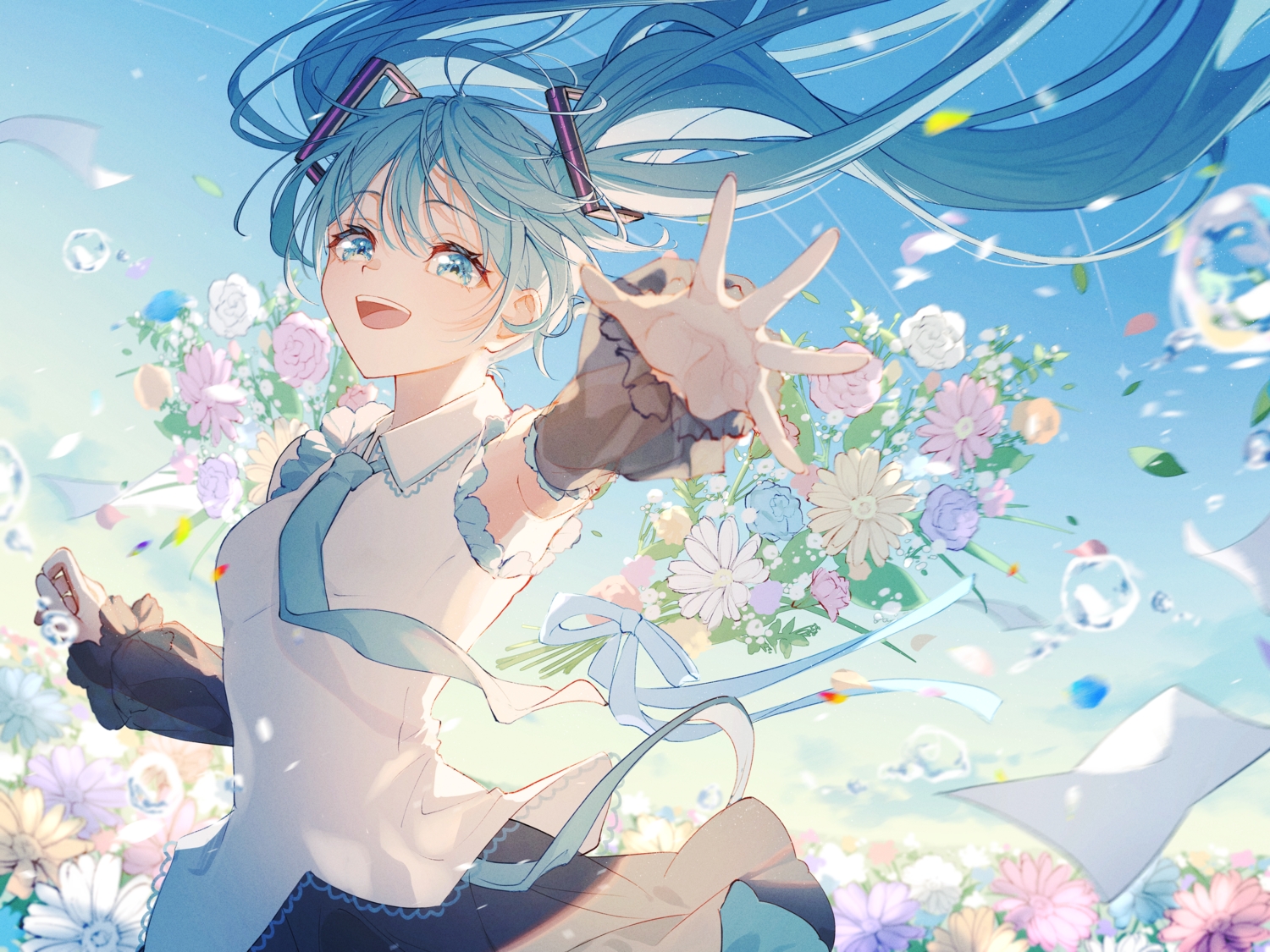 aqua_eyes, aqua_hair, clouds, flowers, hatsune_miku, petals, ribbons, see_through, shirt, skirt, sky, tie, twintails, vocaloid, yuzuha_wasa