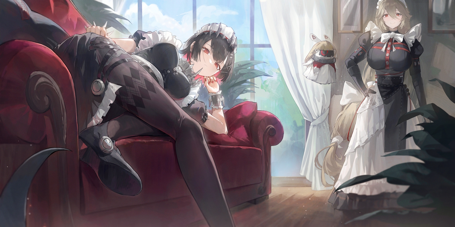 2girls, alexandrina_sebastiane, black_hair, bow, brown_hair, clouds, collar, couch, dress, elbow_gloves, ellen_joe, garter, gloves, headdress, leaves, long_hair, maid, pantyhose, red_eyes, short_hair, sky, wristwear, yonesdraws, zenless_zone_zero
