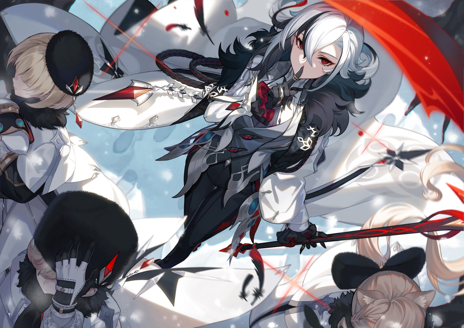 animal_ears, arlecchino_(genshin_impact), black_eyes, blonde_hair, bow, catgirl, feathers, genshin_impact