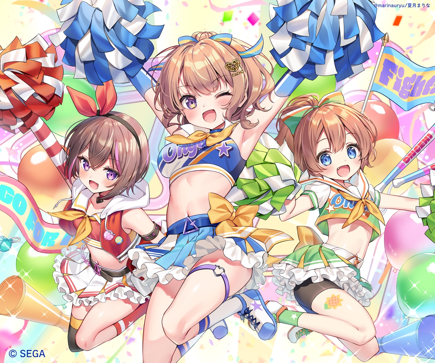 bike_shorts, blue_eyes, blush, bow, brown_hair, cheerleader, choker, elbow_gloves, fang, garter, gloves, headband, hinata_chinatsu, hood, kneehighs, loli, natsuki_marina, navel, ongeki, ponytail, purple_eyes, saotome_ayaka, school_uniform, short_hair, shorts, skirt, socks, tattoo, thighhighs, watermark, wink, yuuki_riku