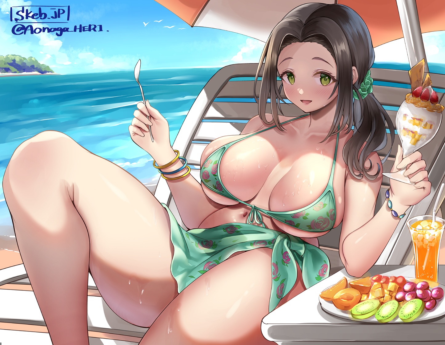 aonaga_heri, beach, bikini, black_hair, blush, breasts, clouds, drink, ebihara_naho, food, fruit, green_eyes, idolmaster, idolmaster_cinderella_girls, long_hair, navel, ponytail, shade, sky, strawberry, swimsuit, umbrella, underboob, waifu2x, water, wet, wristwear