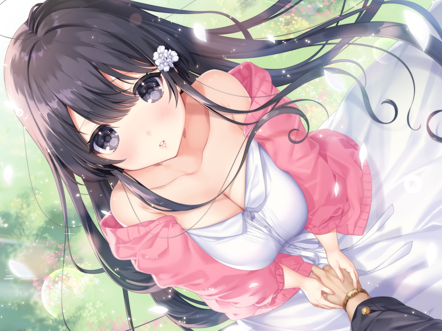 black_eyes, black_hair, blush, breasts, cleavage, close, dress, long_hair