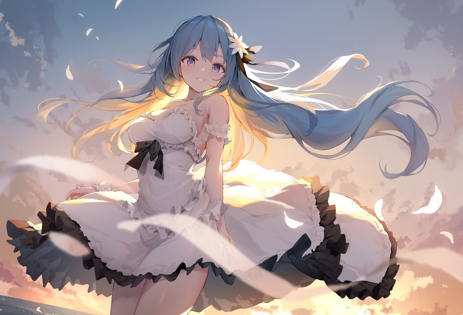 blue_hair, bow, breasts, cleavage, clouds, dress, emori_miku, livercity, long_hair, nijihashi_sora, petals, purple_eyes, skirt_lift, sky, sunset, water, wristwear