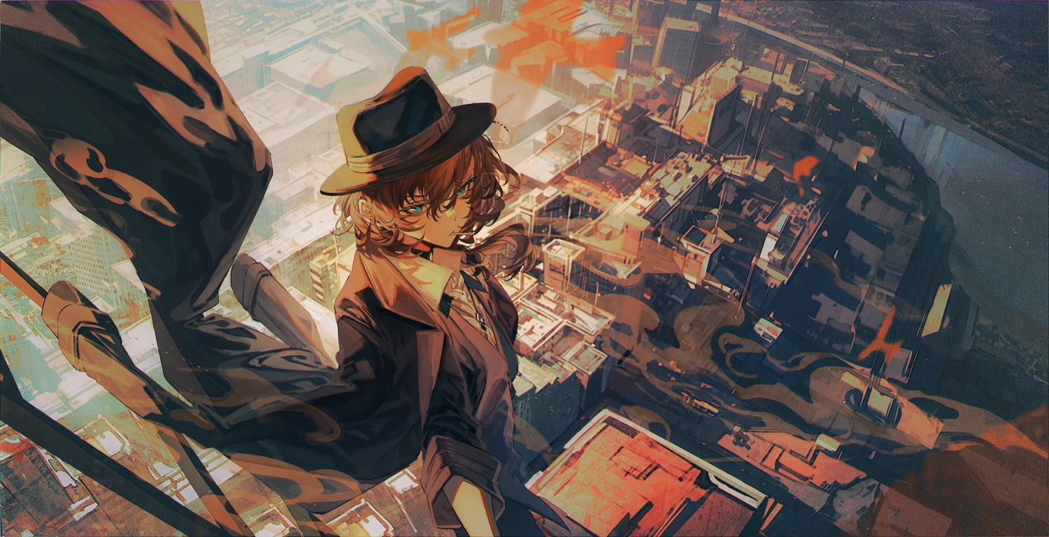 all_male, animal, aqua_eyes, baocaizi, bird, brown_hair, building, bungou_stray_dogs, cigarette, city, hat, long_hair, male, nakahara_chuuya, scenic