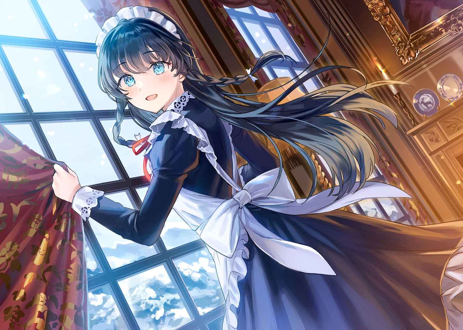 aqua_eyes, black_hair, blush, braids, headdress, long_hair, maid, original