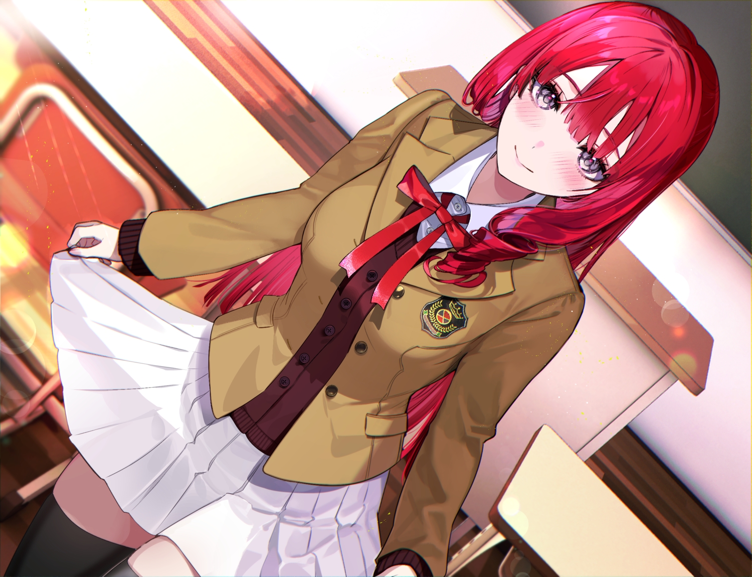 aliasing, blush, hayakawa_akari, long_hair, original, purple_eyes, red_hair, school_uniform
