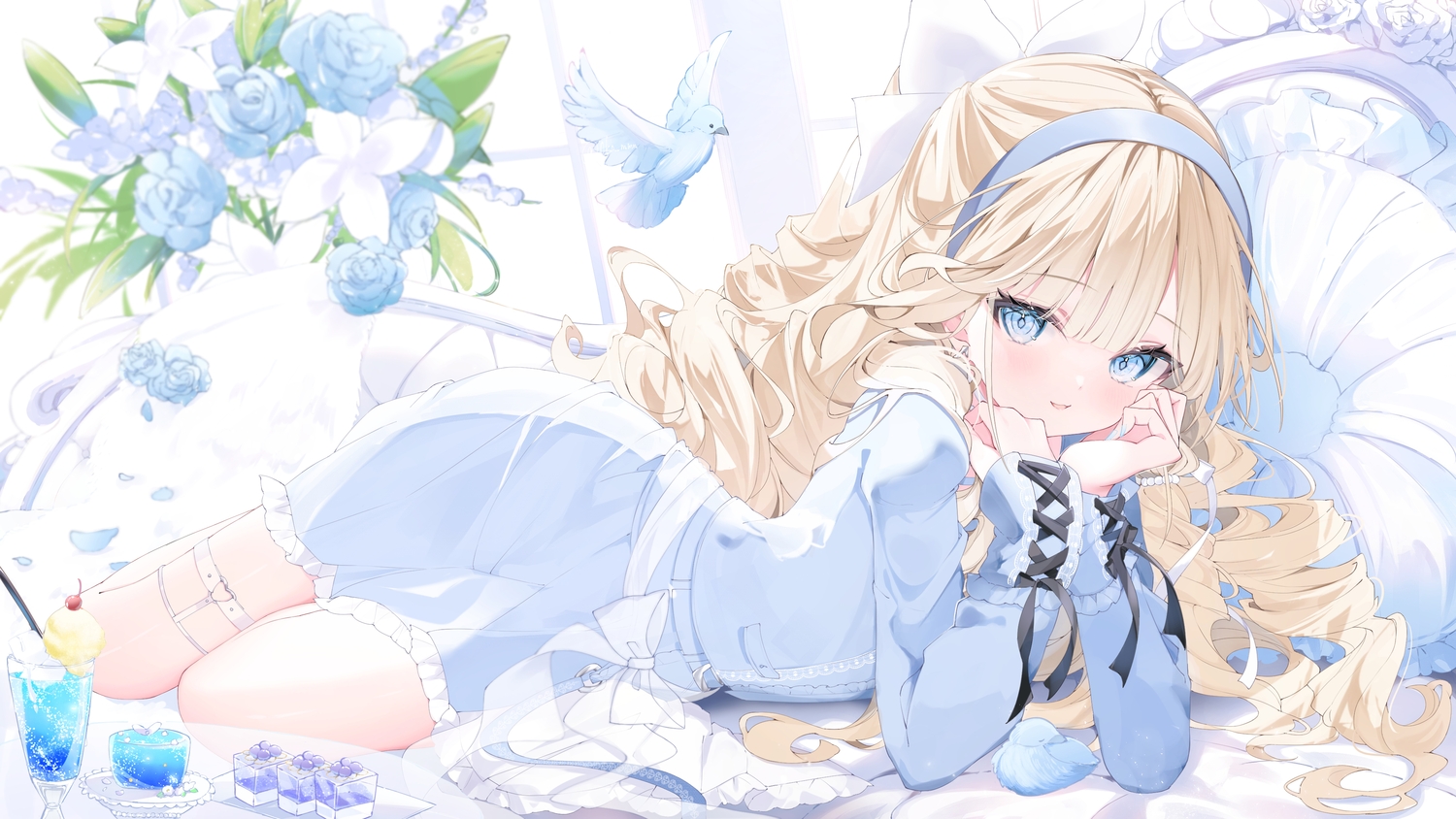 animal, bed, bird, blonde_hair, blue_eyes, blush, bow, cake, cat_smile, cherry, dress, drink, flowers, food, fruit, garter, headband, ice_cream, long_hair, okomeillust, ribbons, rose, tallemi_ella, third-party_edit