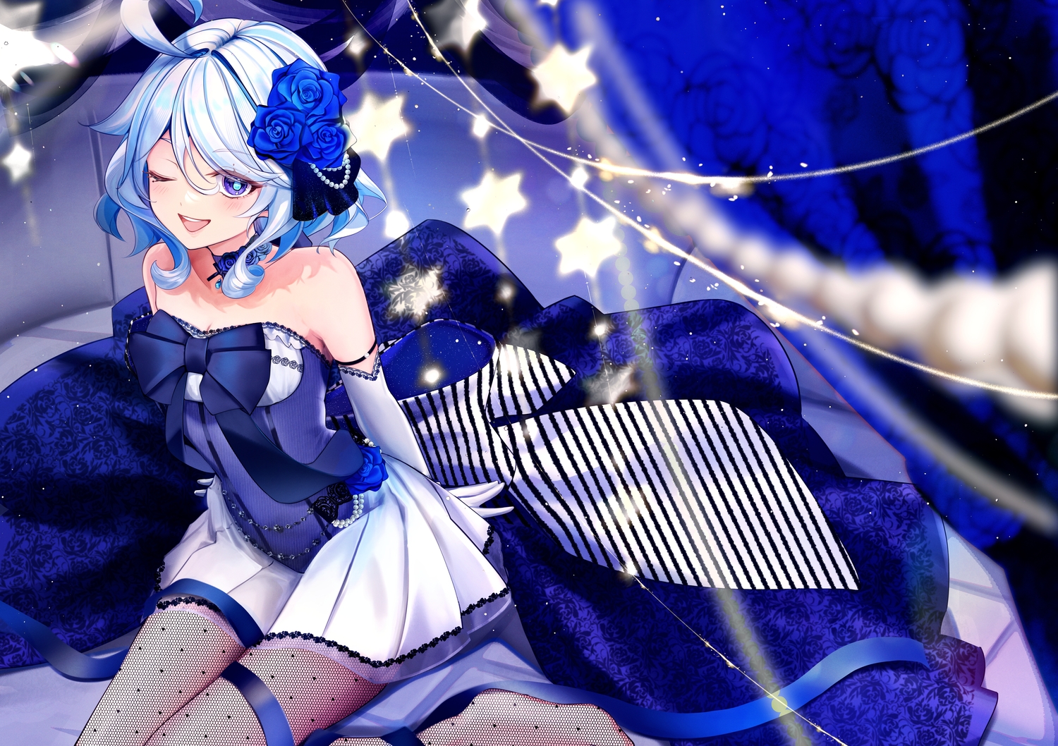 asahi_(vjss4548), blush, bow, choker, dress, elbow_gloves, furina_(genshin_impact), genshin_impact