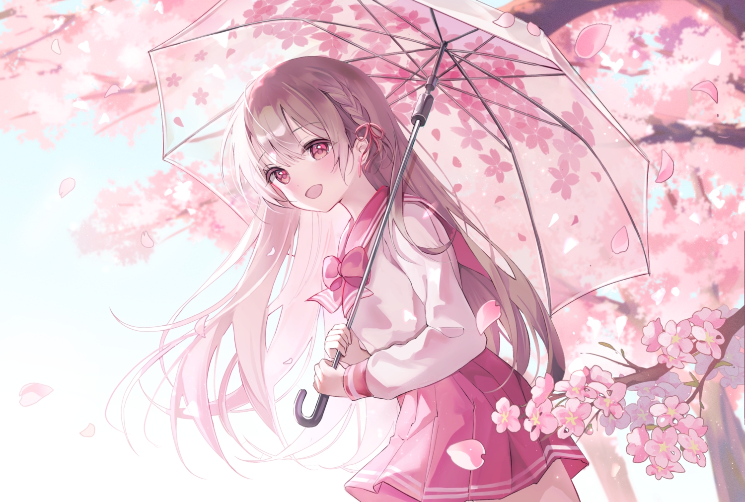 bow, braids, brown_hair, cherry_blossoms, flowers, long_hair, original, petals