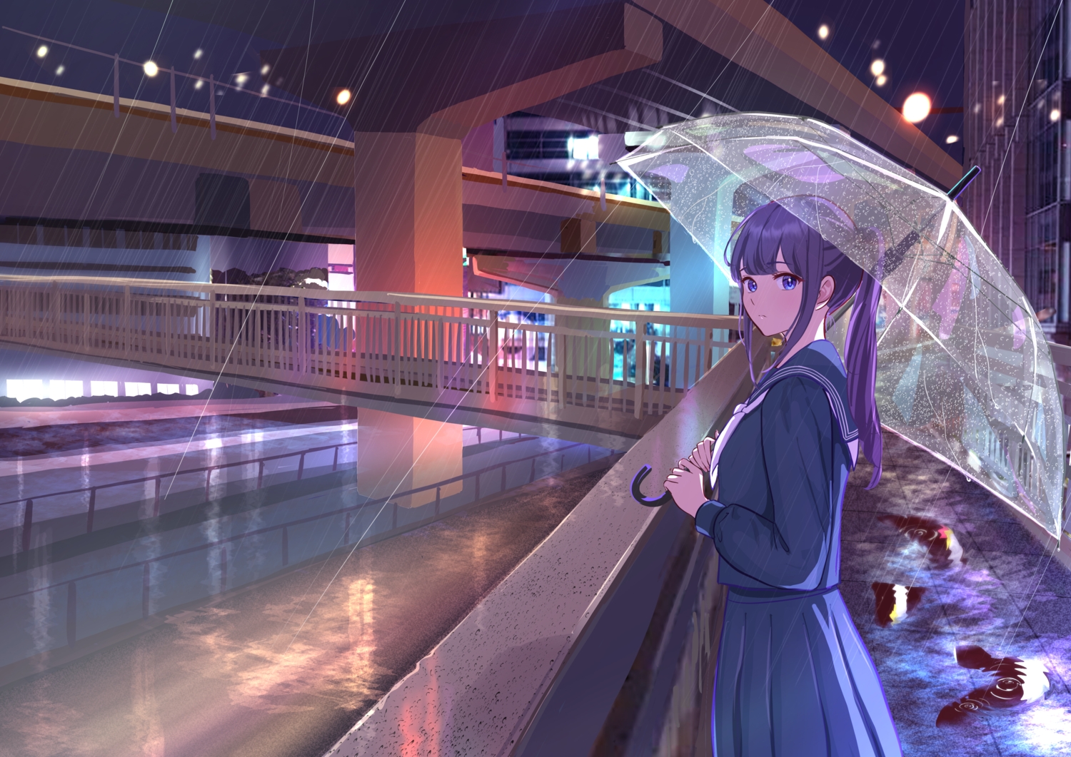 building, city, long_hair, nap_on_a_cloud, night, original, ponytail, purple_eyes, purple_hair, rain, school_uniform, skirt, umbrella, water