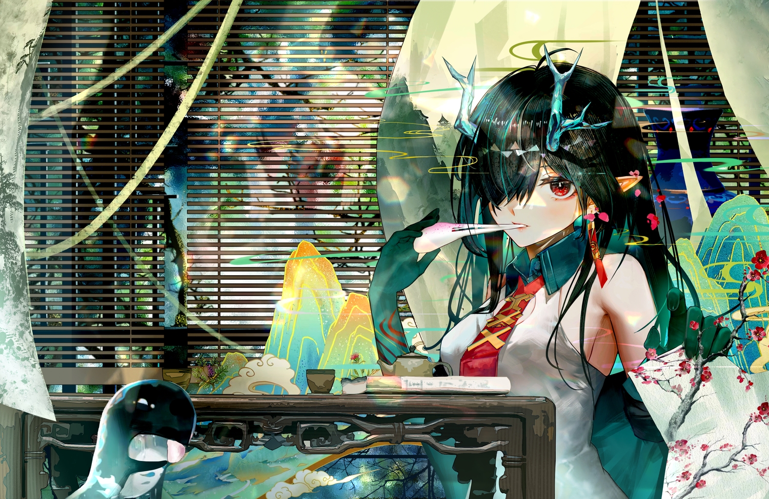 arknights, black_hair, book, drink, dusk_(arknights), flowers, food, horns, jin_sumire, long_hair, pointed_ears, red_eyes, tie
