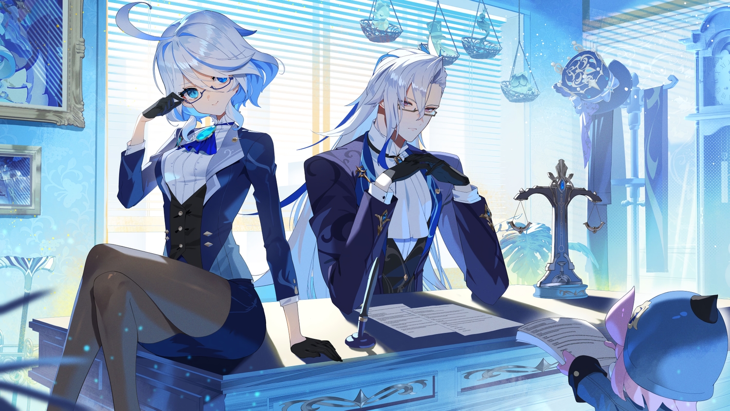 bicolored_eyes, blue_eyes, furina_(genshin_impact), genshin_impact, glasses, gloves, gray_hair, long_hair