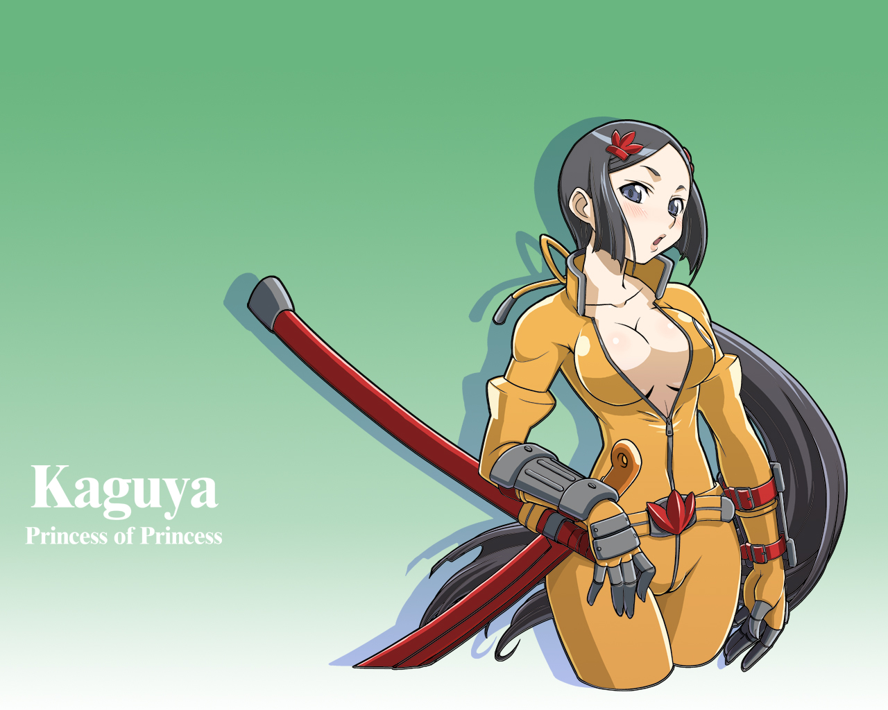 black_hair, blue_eyes, breasts, gloves, kaguya, open_shirt, ponytail, weapon