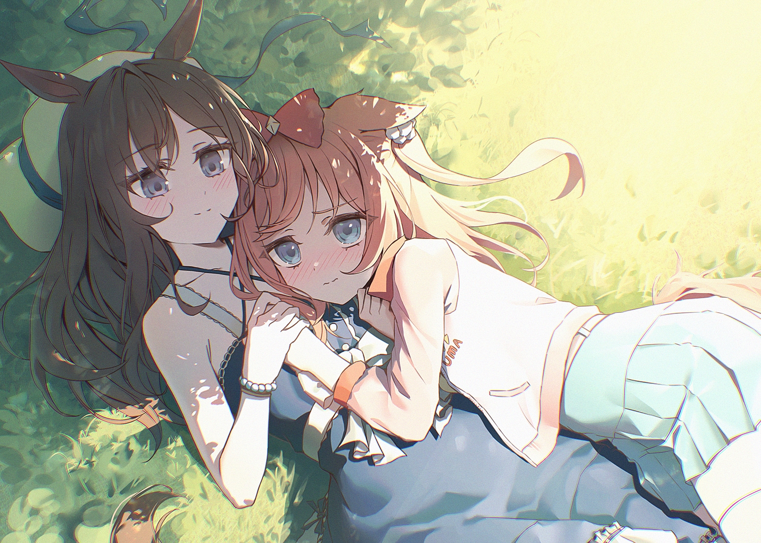 2girls, agnes_digital_(umamusume), animal_ears, anthropomorphism, blue_eyes, blush, bneoul, bow