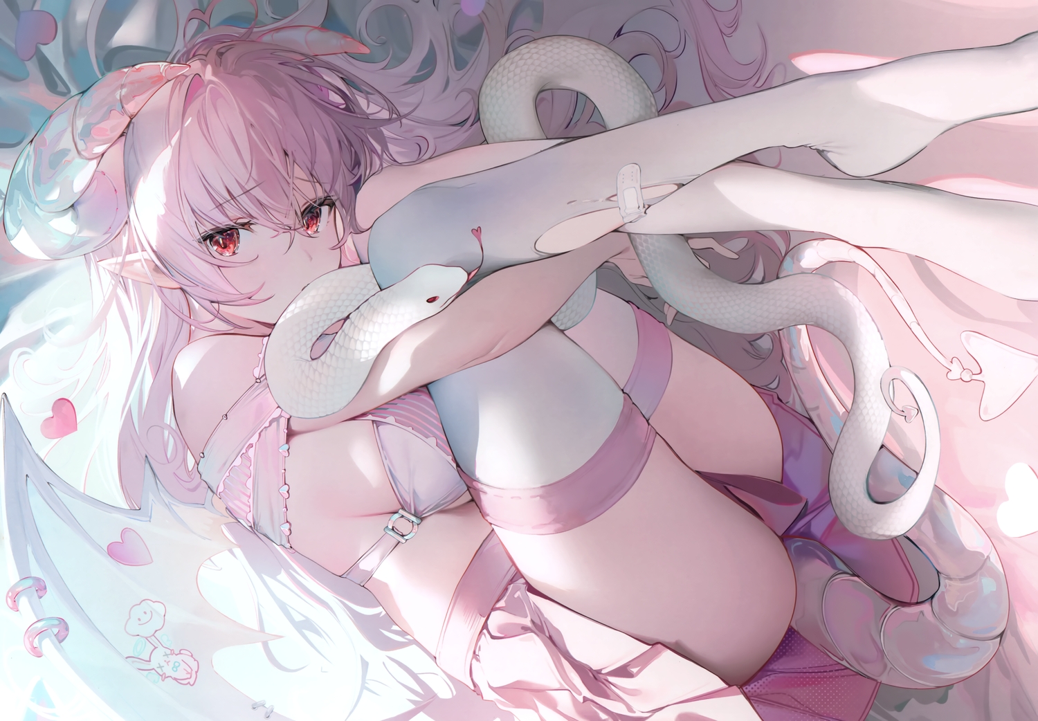 animal, bandaid, bikini_top, breasts, demon, heart, long_hair, original