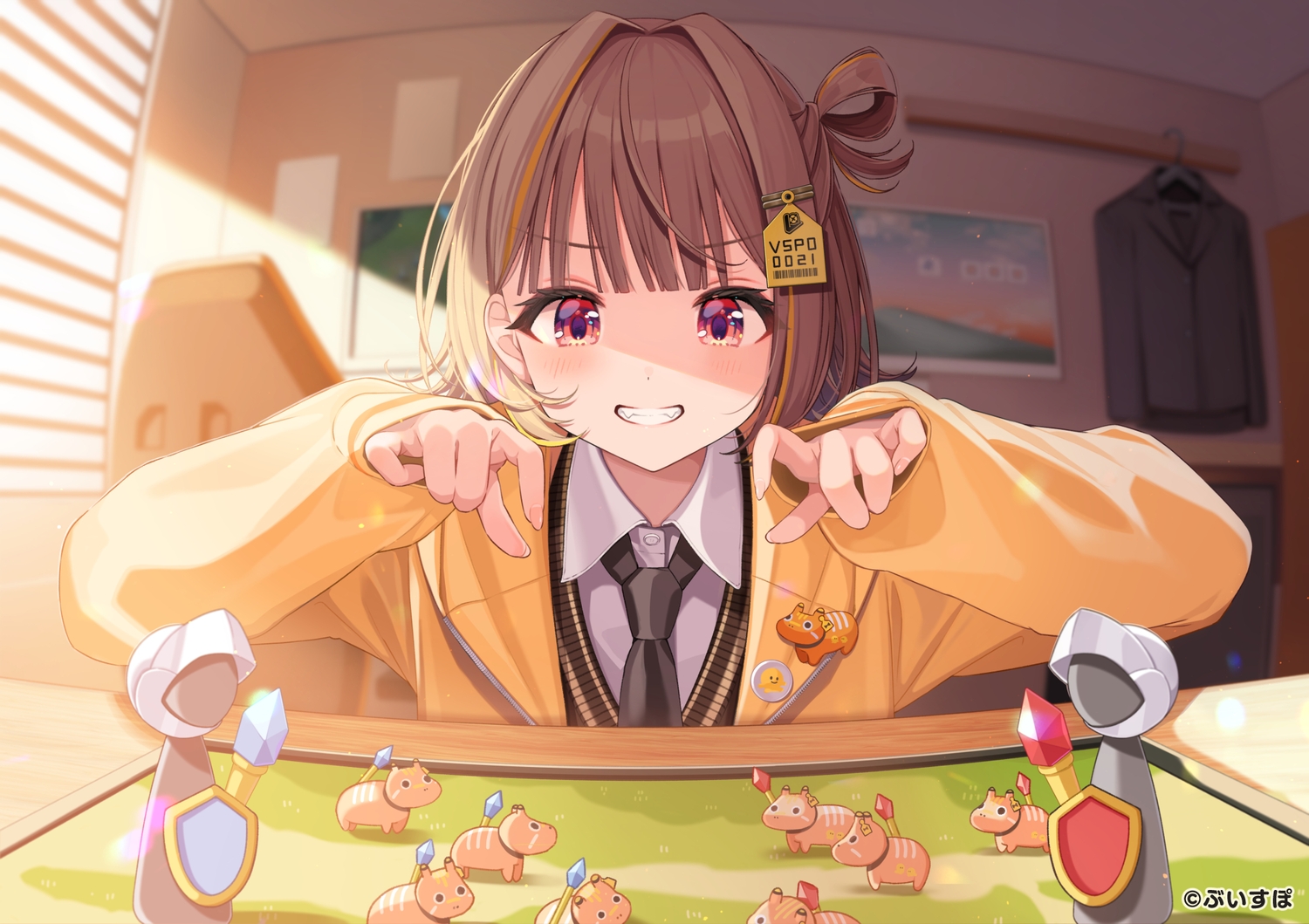 blush, brown_hair, fang, red_eyes, school_uniform, sendo_yuuhi, shigure_ui, shirt, short_hair, tie, vspo!
