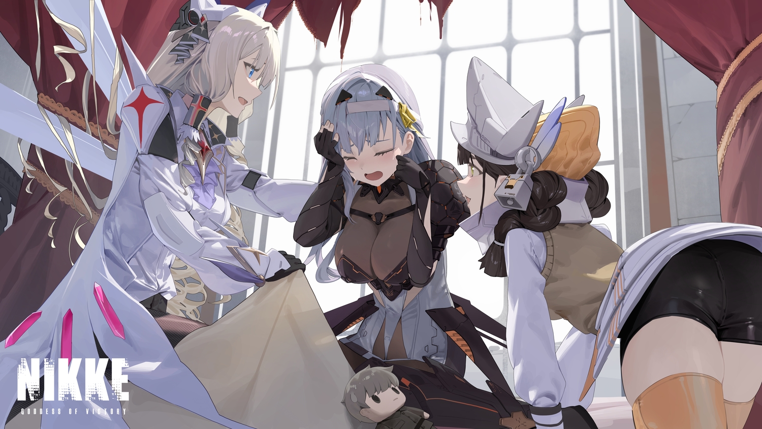 armor, ass, bell, black_hair, blonde_hair, blue_eyes, bodysuit, bow