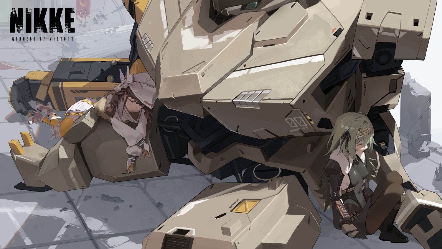 2girls, armor, bell, boots, bow, braids, brown_hair, chime_(nikke)