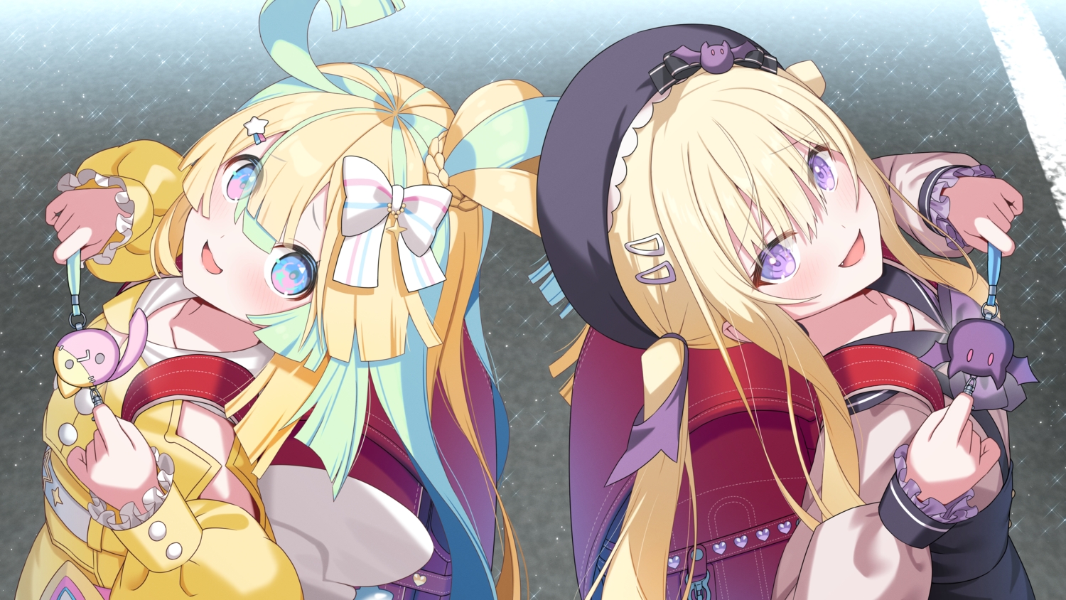 2girls, amakawa_hano, bettle_(b_s_a_n), blonde_hair, blue_eyes, blush, bow, braids