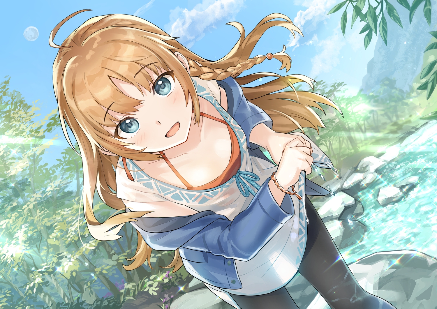 aqua_eyes, braids, clouds, long_hair, orange_hair, original, pantyhose, see_through